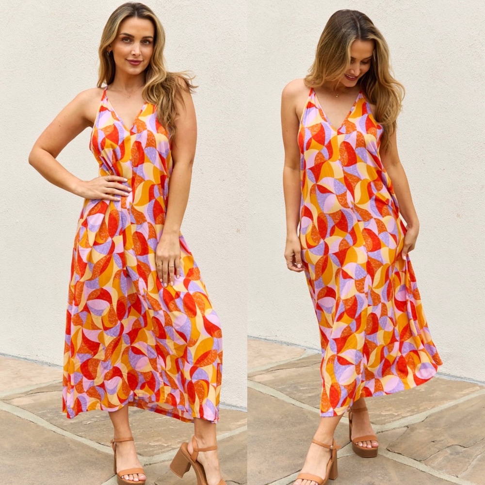 Multicolor Abstract V-Neck Maxi Dress